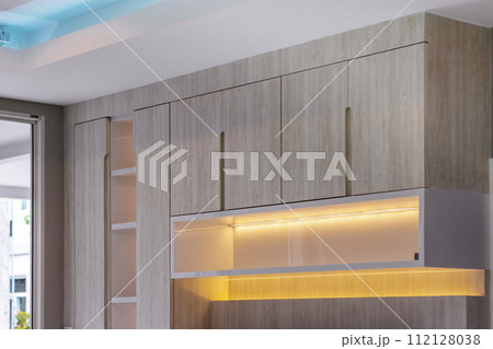 Internal details of the oak wooden cabinet. Detail of modern furniture. Internal details of the oak wooden cabinet. Detail of modern furniture. 112128038