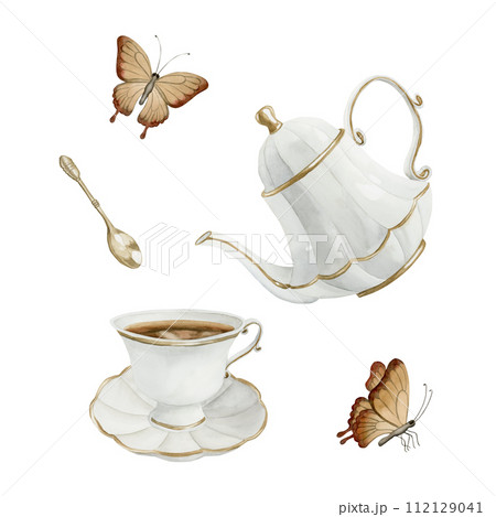 Composition of white porcelain teapot, tea cup and saucer with gilded rim, gold metal tea spoon and butterflies. Victorian style. Watercolor illustration hand painted isolated on white background. Per Composition of white porcelain teapot, tea cup and saucer with gilded rim, gold metal tea spoon and butterflies. Victorian style. Watercolor illustration hand painted isolated on white background. Per 112129041
