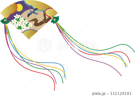 日本の伝統的な扇子。女性が持つ鳥と満月の絵の檜扇のイメージイラスト。 112129181