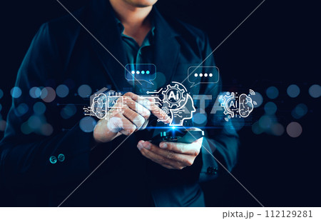 Chatbot Chat with AI tech concept, Businessman using artificial intelligence technology smart robot AI to Service and help customer online, Conversation assistant, Futuristic technology transformation 112129281