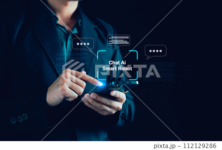 AI tech. Chatbot Chat with AI, Artificial intelligence digital technology, businessman show virtual graphic Global Internet, Using command prompt for generates, Futuristic technology transformation. 112129286