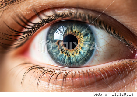 Close up of a human eye with blue iris and intricate details. Generative Ai Close up of a human eye with blue iris and intricate details. Generative Ai 112129313