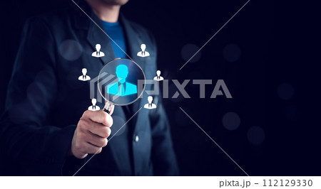 Human Resource Management (HRM), Manager icon on magnifier glass focus to target, Audience, which is among staff icons for human development recruitment leadership and customer target group concept. 112129330