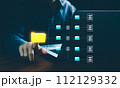 Document Management System DMS, Business processes, pointing folder icon to use technology software for management document, Smart office paperless, Digital document, Online file, Data storage. 112129332