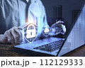 Cybersecurity privacy data protection and encryption concept, Internet network security, Information safety and encryption, Future technology and cybernetics, screen padlock, Password to laptop. 112129333