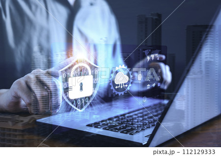 Cybersecurity privacy data protection and encryption concept, Internet network security, Information safety and encryption, Future technology and cybernetics, screen padlock, Password to laptop. 112129333