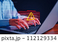 System hacked warning alert, Cyberattack computer network, Cybersecurity, Notification error maintenance, Virus cybercrime, Identity theft, Data breach, Software internet website, Scam phishing,. 112129334