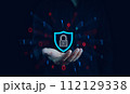 Cybersecurity and privacy concepts to protect data, Businessman protect personal data on smartphone, Digital information, Lock icon and internet network security technology. Virtual screen interfaces. 112129338