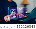 Cybersecurity privacy data protection and encryption concept, Internet network security, Information safety and encryption, Future technology and cybernetics, screen padlock, Password to laptop. 112129343