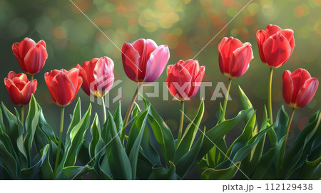 AI-generated content. Springtime beauty in a garden, captured in a row of blooming red tulips. 112129438