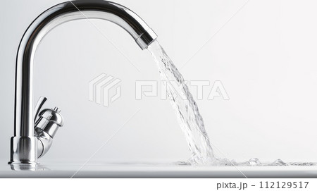 A faucet from which water flows on a white background. 112129517