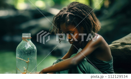 Poor, beggar, hungry dark-skinned child girl in Africa, washing dishes in a dirty river, anti-sanitation. 112129534