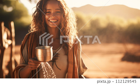 Poor, beggar, hungry smiling white Caucasian girl woman from Africa, thirsty to drink water. Poor, beggar, hungry smiling white Caucasian girl woman from Africa, thirsty to drink water. 112129545
