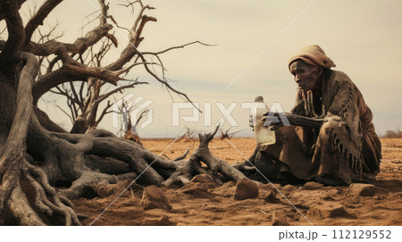 A poor, beggar, hungry old woman thirsty to drink from a bottle, in Africa, against the backdrop of dried trees where there is no life. A poor, beggar, hungry old woman thirsty to drink from a bottle, in Africa, against the backdrop of dried trees where there is no life. 112129552