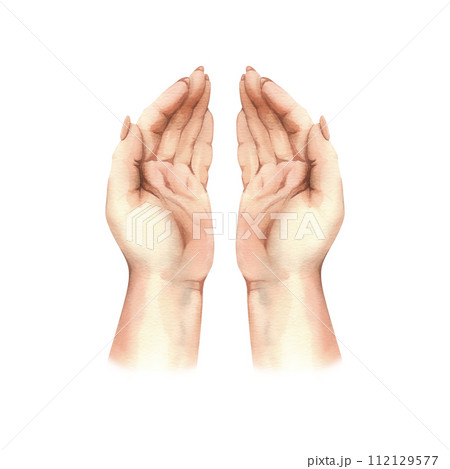 Hands of a white woman, palms top view, handful with long nails of neutral, natural skin color. Hand drawn watercolor illustration. Elements isolated from background. 112129577