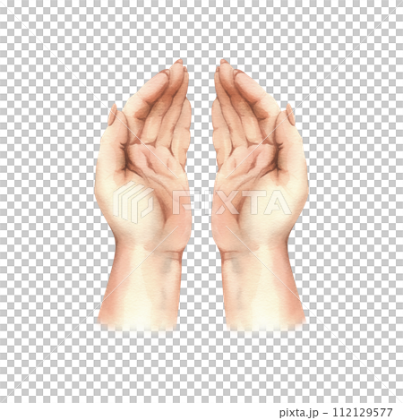 Hands of a white woman, palms top view, handful with long nails of neutral, natural skin color. Hand drawn watercolor illustration. Elements isolated from background. 112129577