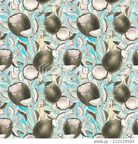 Tropical turquoise leaves with different shapes and pieces of coconut. Watercolor illustration. Seamless pattern from the COCONUT collection. For fabric, textiles, wallpaper, packaging, menus recipes. Tropical turquoise leaves with different shapes and pieces of coconut. Watercolor illustration. Seamless pattern from the COCONUT collection. For fabric, textiles, wallpaper, packaging, menus recipes. 112129583