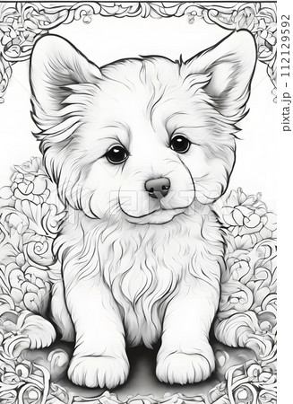 塗り絵用のかわいい子犬のイラストのイラスト素材 [112129592