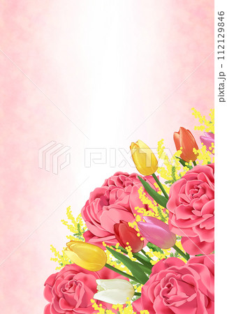 薔薇とチューリップとミモザの花束　水彩フレーム背景　縦長 112129846