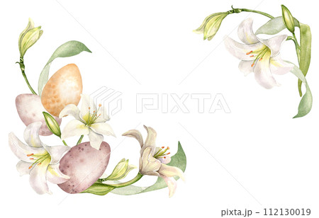 Floral frame with Easter eggs and white flowers. Lily and buds watercolor banner isolated on white. Lilium botanical art hand drawn. Design for invitation, Christianity holiday, Easter decoration 112130019