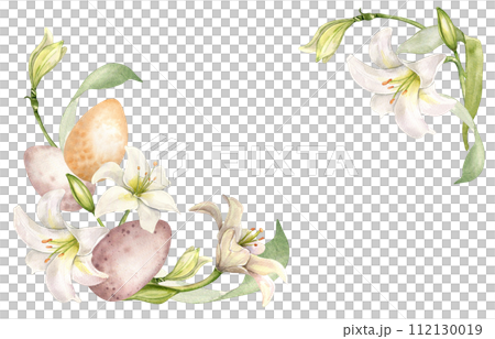 Floral frame with Easter eggs and white flowers. Lily and buds watercolor banner isolated on white. Lilium botanical art hand drawn. Design for invitation, Christianity holiday, Easter decoration 112130019
