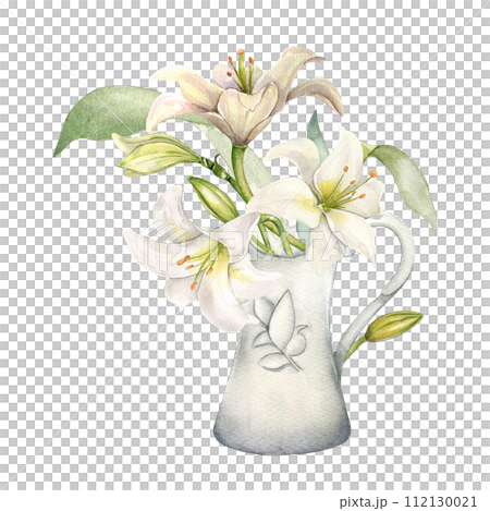 White lilies in ceramic jug watercolor isolated. White flower botanical Illustration in pitcher drawn. Lily bunch Christian symbol. Design for wedding invitation in church, christen, Easter card White lilies in ceramic jug watercolor isolated. White flower botanical Illustration in pitcher drawn. Lily bunch Christian symbol. Design for wedding invitation in church, christen, Easter card 112130021