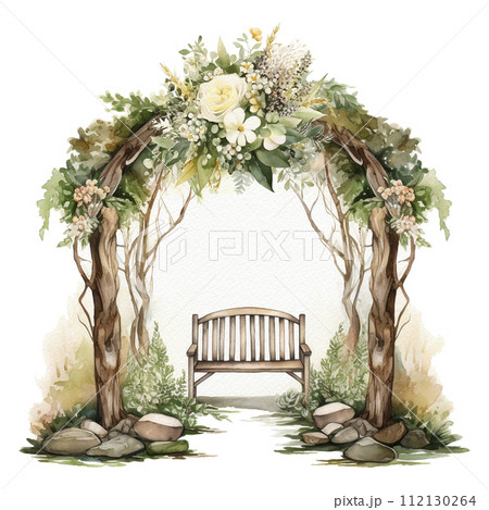 Watercolor wedding arch scene. Hand drawn isolated wood archway with flowers and bouquets on stumps. Wedding ceremony design sketch, rustic decor for invitation Watercolor wedding arch scene. Hand drawn isolated wood archway with flowers and bouquets on stumps. Wedding ceremony design sketch, rustic decor for invitation 112130264