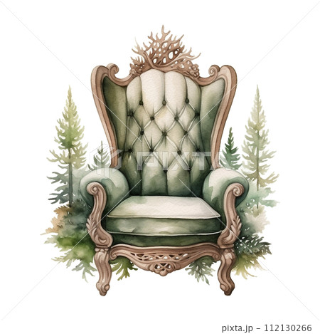 Elegance vintage chair with forest floral decoration. Watercolor style illustration on a white background. Elegance vintage chair with forest floral decoration. Watercolor style illustration on a white background. 112130266