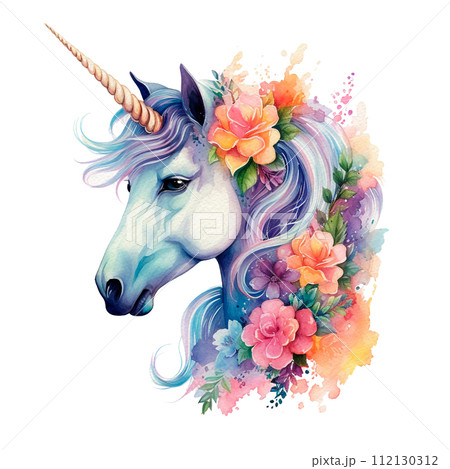 Unicorn with a wreath of flowers. White Horse.のイラスト素材