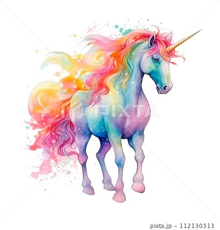 Watercolor unicorn illustration, fairy tale creature, magical animal clip art, isolated on white background Watercolor unicorn illustration, fairy tale creature, magical animal clip art, isolated on white background 112130313