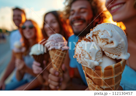 A lively group of friends enjoying ice cream cones at sunset, capturing the spirit of summer evenings filled with laughter and treats. Generative AI. 112130457