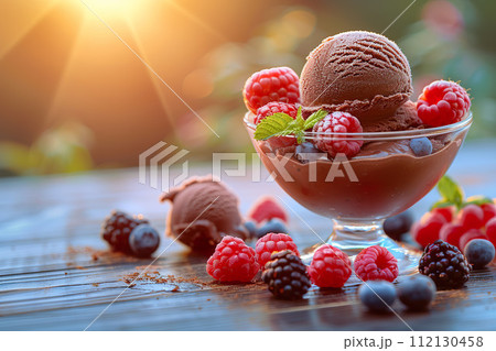 Chocolate ice cream adorned with fresh raspberries and blueberries, basking in the warm glow of a summer sunset. Generative AI. 112130458