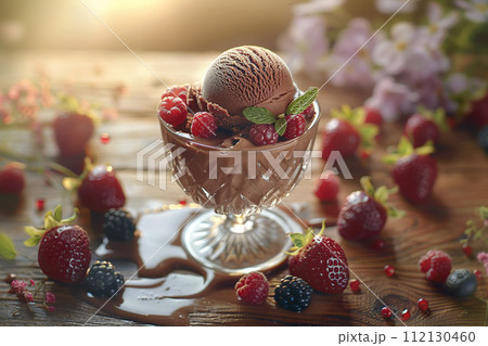 Chocolate ice cream adorned with fresh raspberries and blueberries, basking in the warm glow of a summer sunset. Generative AI. 112130460
