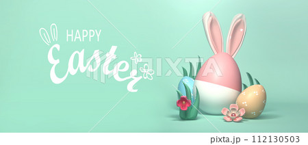 Happy Easter message with Easter eggs and rabbit ears 112130503