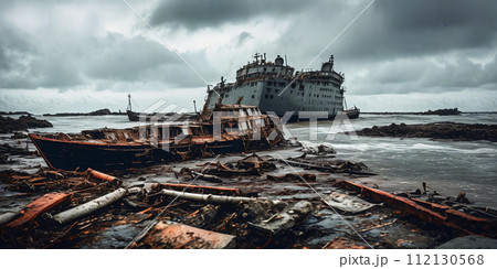 Shipwrecked World. Post-apocalyptic coastal...のイラスト素材 [112130568] - PIXTA