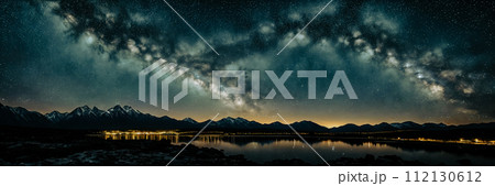 Marvel of a starry night sky in a remote location, with a silhouette of a distant mountain 112130612