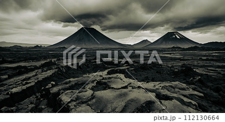 The aftermath of a volcanic eruption with layers of ash covering the surrounding landscape 112130664