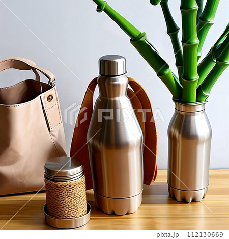 Sustainable Living. Showcase a sustainable lifestyle with a composition of reusable eco-friendly products 112130669