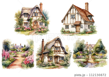 A traditional English cottage surrounded by a flower garden and garden, painted with watercolors on tourist design paper. A traditional English cottage surrounded by a flower garden and garden, painted with watercolors on tourist design paper. 112130872