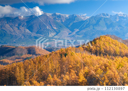 紅葉するカラマツと十勝岳連峰 紅葉するカラマツと十勝岳連峰 112130897