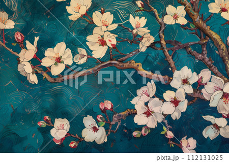 【AI生成画像・AIイラスト】青い背景と桜の花 【AI生成画像・AIイラスト】青い背景と桜の花 112131025