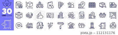 Boxes shelf, Lightning bolt and Triangle area line icons pack. Skyscraper buildings, Home charging, Palette web icon. Charging station, Entrance, Algorithm pictogram. Engineering team. Vector 112131176