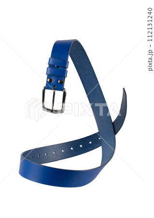 The blue leather belt with a metal buckle is beautifully curved and isolated on a white background. 112131240