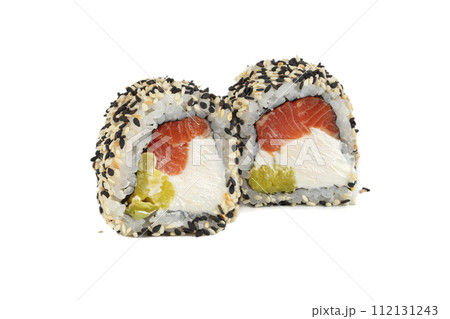 Sushi roll on a white background with Philadelphia cheese, salmon and sprinkled with sesame seeds. 112131243