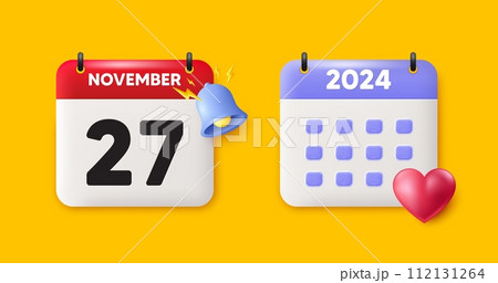 Calendar date 3d icon. 27th day of the month icon. Event schedule date. Meeting appointment time. 27th day of November month. Calendar event reminder date. Vector 112131264