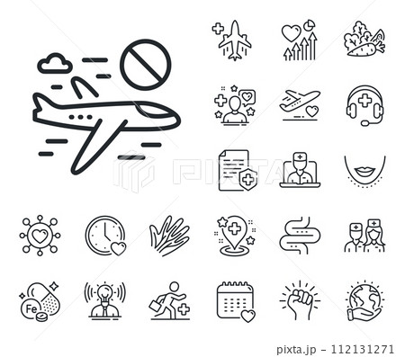 No flights sign. Online doctor, patient and medicine outline icons. Cancel flight line icon. Stop travelling symbol. Cancel flight line sign. Veins, nerves and cosmetic procedure icon. Vector No flights sign. Online doctor, patient and medicine outline icons. Cancel flight line icon. Stop travelling symbol. Cancel flight line sign. Veins, nerves and cosmetic procedure icon. Vector 112131271
