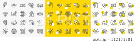 Mobile network, fast internet, phone connection. 5G technology line icons. Hotspot signal, mobile telecommunications, wifi internet icons. 5G cellular network technology. Vector 112131281