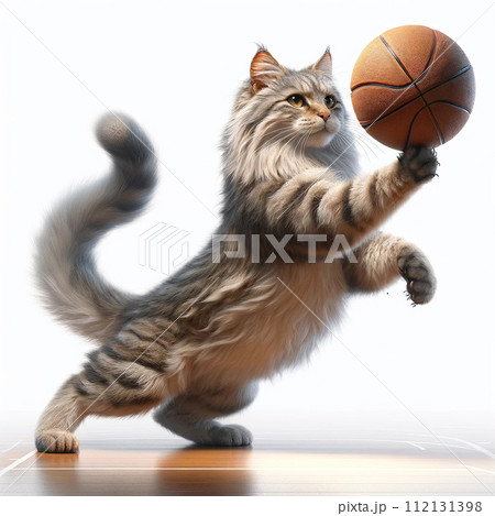 バスケットボールをする猫 ネコ 白背景 写真風 リアル　AI生成画像 112131398