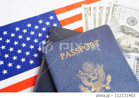 US passport with USA dollar money, American citizen in United States of America. US passport with USA dollar money, American citizen in United States of America. 112131402