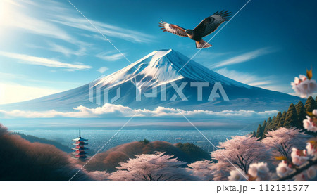鷹が飛ぶ 富士山 桜 風景 写真風 リアル　AI生成画像 112131577